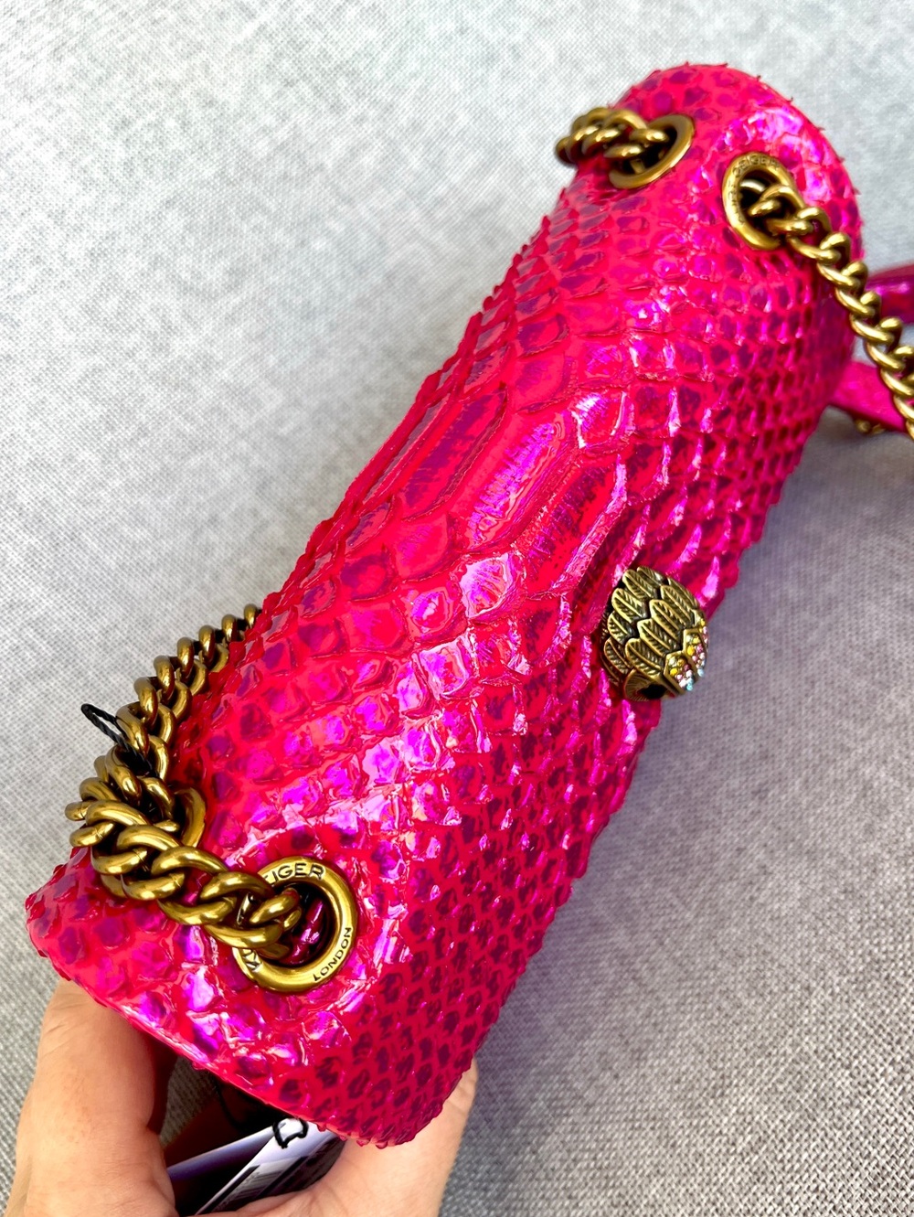 Kurt Geiger Kensington patent 3D snake skin metallic effect Medium crossbody bag - Picture 13 of 17